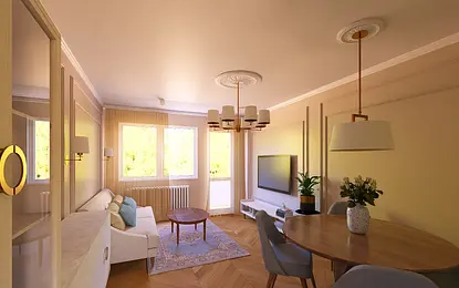 Wnętrze salonu z jasnymi meblami, drewnianą podłogą i roślinami