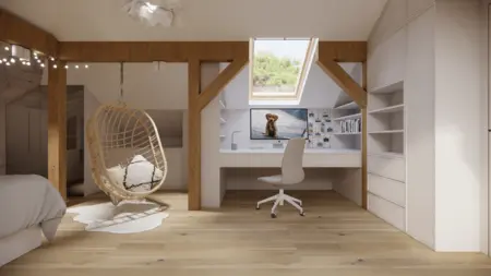 Wnętrze poddasza z biurkiem, huśtawką i drewnianymi akcentami. Styl minimalistyczny.