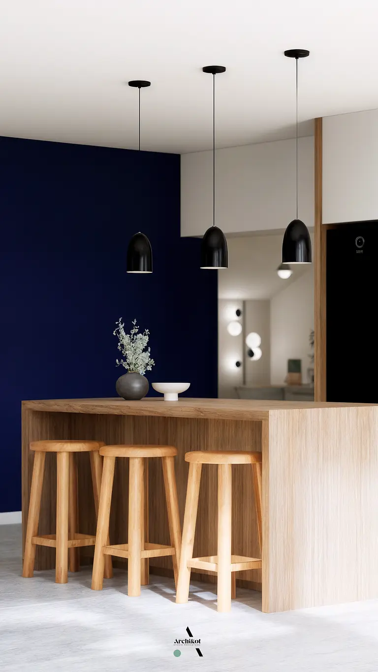 Wnętrze kuchni z drewnianym blatem, czarnymi lampami i niebieską ścianą, styl dopamine decor.