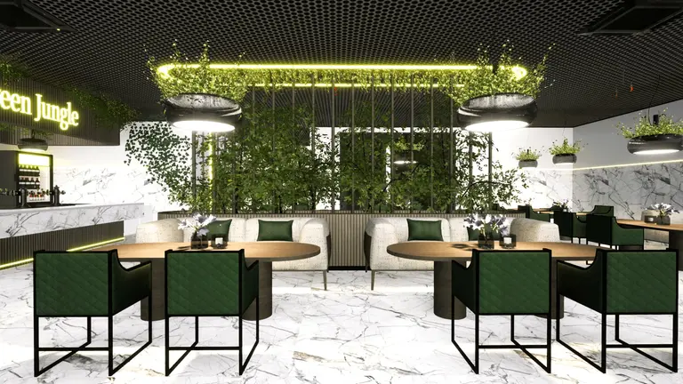 Wnętrze restauracji z zielonymi roślinami i marmurowymi meblami, styl nowoczesny.