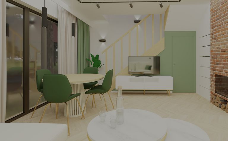 Salon z zielonymi krzesłami, białym stołem i ceglaną ścianą w stylu glamour.