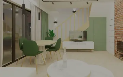 Salon z zielonymi krzesłami, białym stołem i ceglaną ścianą w stylu glamour.