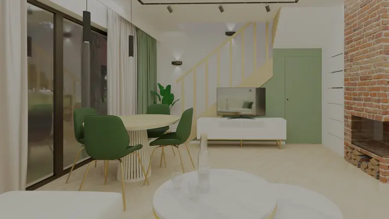 Salon z zielonymi krzesłami, białym stołem i ceglaną ścianą w stylu glamour.
