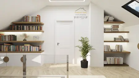 Poddasze z drewnianymi regałami, książkami i rośliną w stylu boho, japandi, skandynawskim.