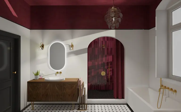 Wnętrze łazienki z elementami art deco i vintage. Czerwone akcenty.