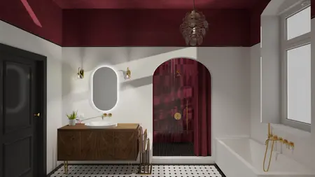 Wnętrze łazienki z elementami art deco i vintage. Czerwone akcenty.