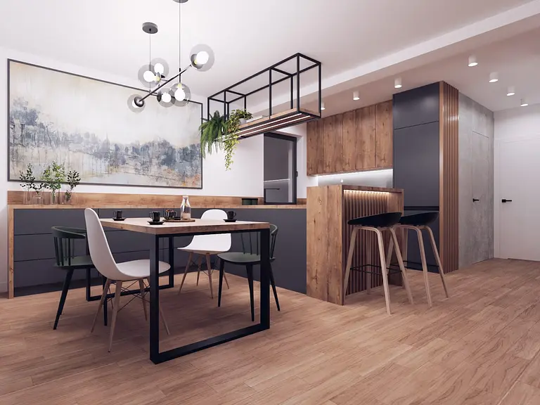 Nowoczesna kuchnia w stylu industrialnym z drewnianymi meblami i minimalistycznym oświetleniem.