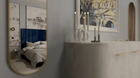 Sypialnia w stylu minimalistycznym z niebieskim łóżkiem i nowoczesnymi dodatkami.