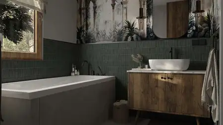 Nowoczesna łazienka z zielonymi kaflami, drewnianymi meblami i roślinnymi dekoracjami. Styl art deco, boho, minimaluxe.