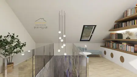 Wnętrze poddasza z rośliną, regałem i oświetleniem w stylu boho, japandi, skandynawskim.