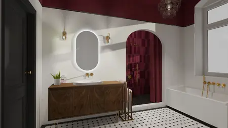 Wnętrze łazienki w stylu art deco, minimalistycznym i vintage z czerwoną ścianą.