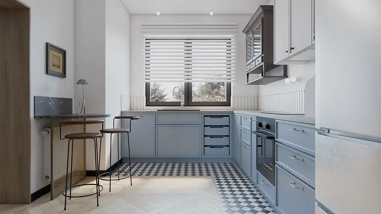 Nowoczesna kuchnia w stylu art deco i eklektycznym z niebieskimi meblami.