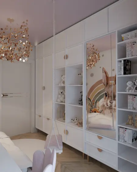 Pokój dziecięcy z białymi meblami, złotymi akcentami i dekoracjami w stylu glamour i nowoczesnym.