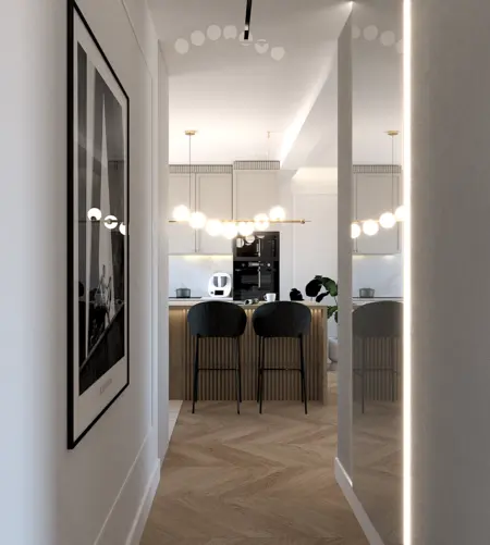 Wnętrze kuchni w stylu art deco i quiet luxury z drewnianymi akcentami.