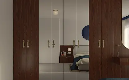Wnętrze sypialni z brązowymi szafkami, minimalistyczne akcenty, styl dopamine decor i eklektyczny.