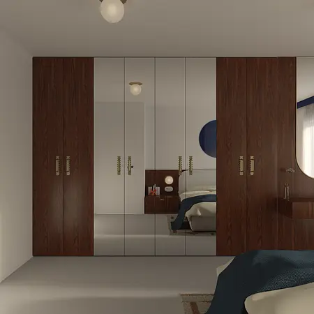 Wnętrze sypialni z brązowymi szafkami, minimalistyczne akcenty, styl dopamine decor i eklektyczny.