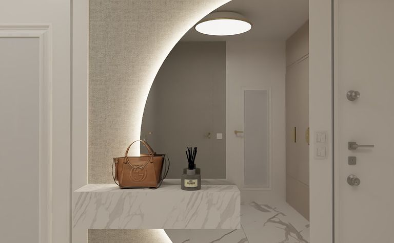 Przedpokój z marmurową ławą, oświetleniem LED, glamour i nowoczesny design