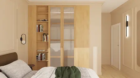 Wnętrze sypialni z minimalistycznym designem, soft minimalizm, nowoczesne meble i jasne kolory.