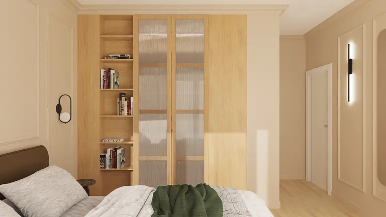 Wnętrze sypialni z minimalistycznym designem, soft minimalizm, nowoczesne meble i jasne kolory.