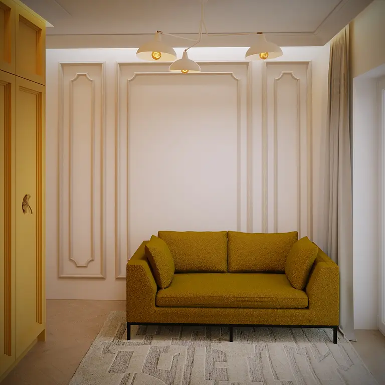 Wnętrze salonu z żółtą sofą, boho i glamour stylami.