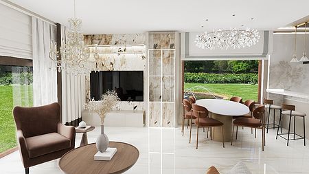 Wnętrze współczesne z białymi meblami i brązowym fotelem.