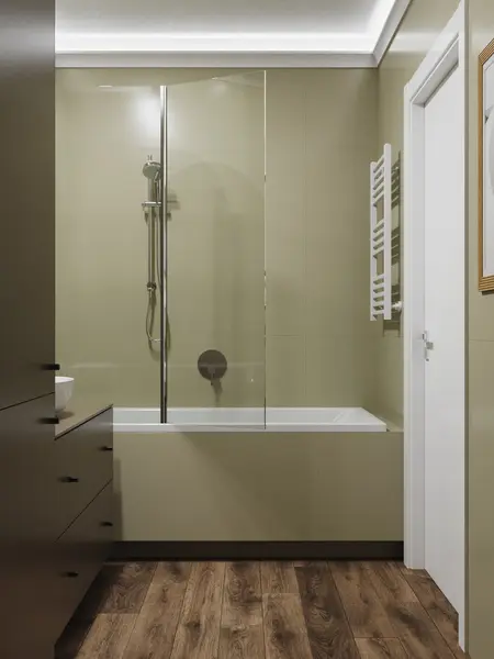 Nowoczesna łazienka z wanną, ciemnymi meblami i minimalistycznym designem.