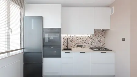 Nowoczesna kuchnia z białymi meblami i różową glazurą, minimalistyczny design.