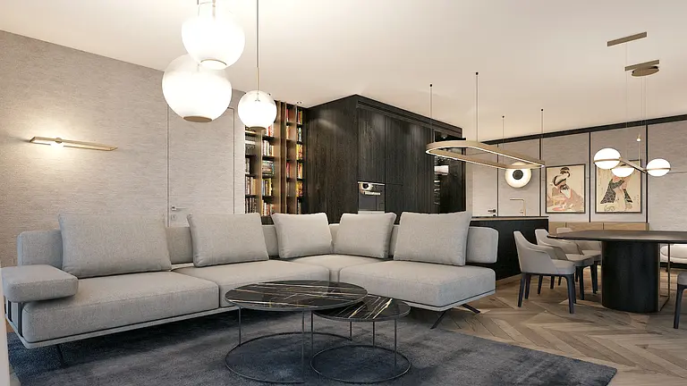 Przestronny salon z szarą narożną sofą, czarnymi stolikami kawowymi i designerskimi lampami. W tle widoczne regały na książki, jadalnia z ciemnym stołem i stylowe obrazy na ścianie.