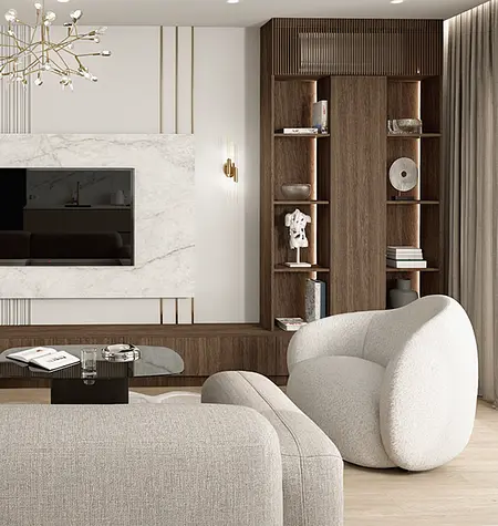 Salon w stylu minimalistycznym z nowoczesnymi meblami i soft minimalizmem.