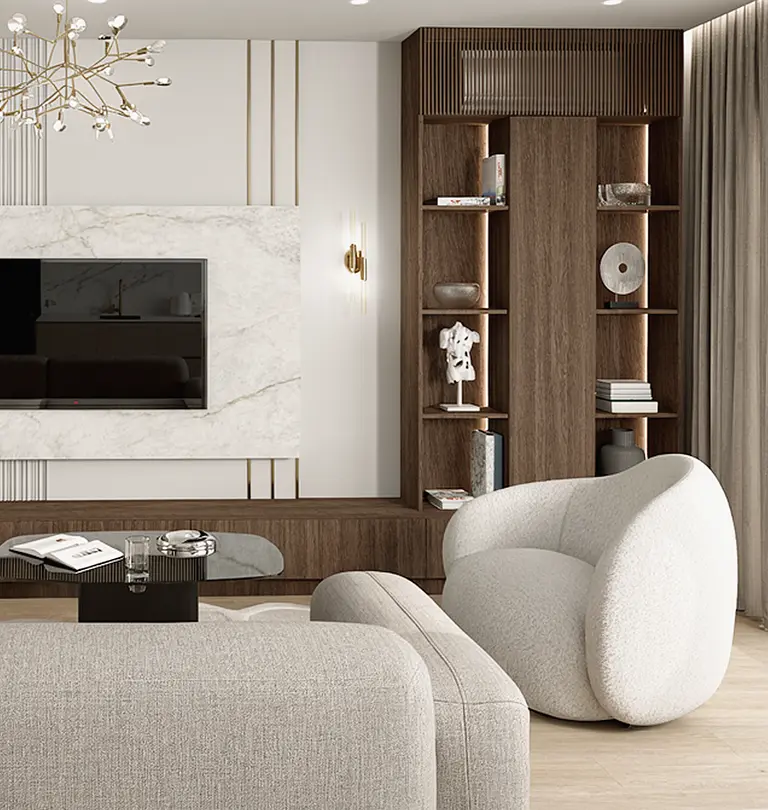 Salon w stylu minimalistycznym z nowoczesnymi meblami i soft minimalizmem.