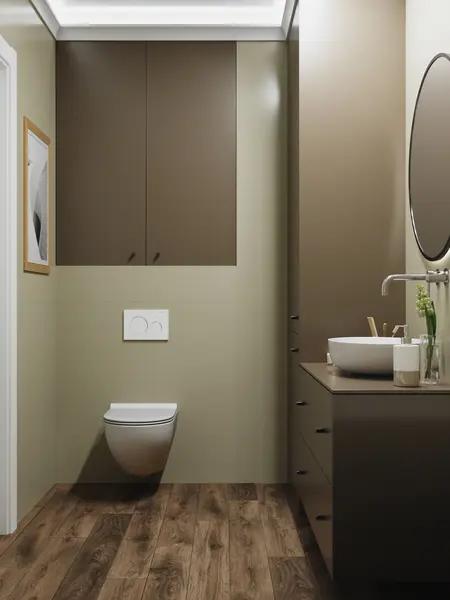 Wnętrze łazienki z brązowymi meblami, minimalistycznym wykończeniem, nowoczesnym designem.