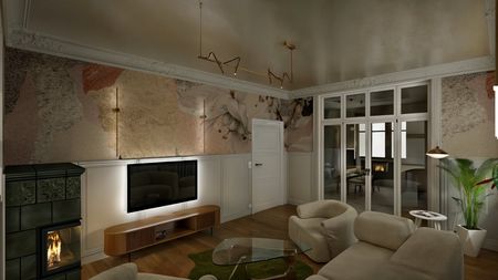 Wnętrze salonu w stylu art deco z eklektycznym dekorowaniem, minimalistyczne meble i vintage akcenty.