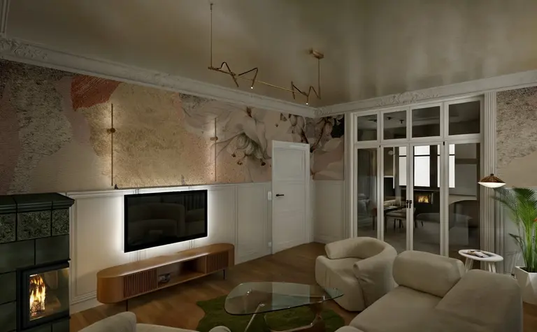 Wnętrze salonu w stylu art deco z eklektycznym dekorowaniem, minimalistyczne meble i vintage akcenty.