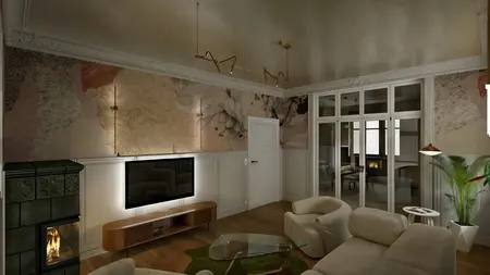 Wnętrze salonu w stylu art deco z eklektycznym dekorowaniem, minimalistyczne meble i vintage akcenty.