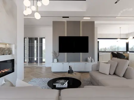 Wnętrze salonu w stylu art deco i quiet luxury z szarymi i białymi elementami.