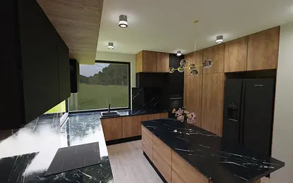 Wnętrze nowoczesnej kuchni z drewnianymi meblami i czarnym blatem.
