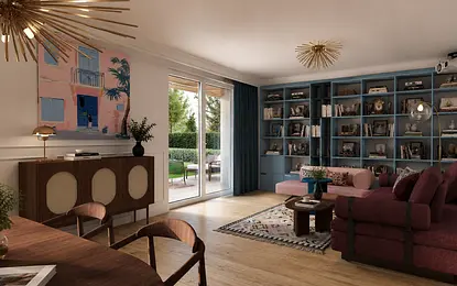 Wnętrze salonu w stylu art deco, dopamine decor, vintage z różowymi kanapami.
