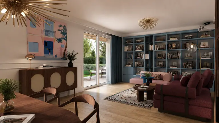 Wnętrze salonu w stylu art deco, dopamine decor, vintage z różowymi kanapami.