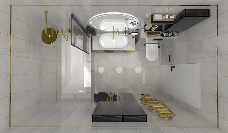 Nowoczesna łazienka z białymi umywalkami i złotymi detalami, w stylu boho i industrialnym.