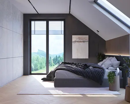 Wnętrze sypialni w stylu minimalistycznym z nowoczesnym łóżkiem i panoramicznym oknem.