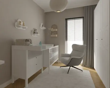 Pokój dziecięcy w stylu industrialnym i minimalistycznym z białymi meblami.