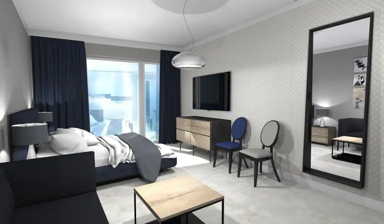 Wnętrze nowoczesnego pokoju z szarymi i niebieskimi akcentami, elementy dopamine decor, industrialny, japandi.