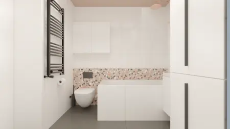 Nowoczesna łazienka z białymi meblami i terakotą, minimalistyczny design.