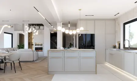 Nowoczesna kuchnia w stylu art deco i quiet luxury z szarymi meblami