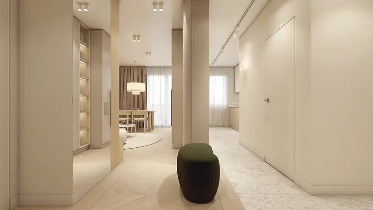 Wnętrze przedpokoju w stylu japandi z minimalistycznym designem, jasnymi kolorami i drewnem.