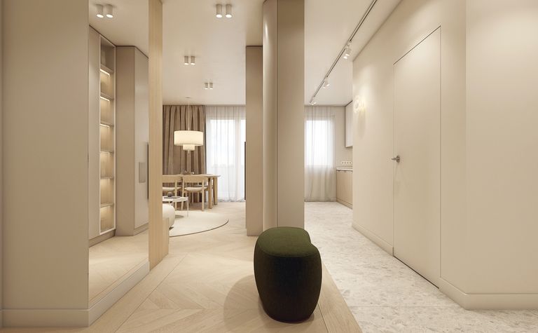 Wnętrze przedpokoju w stylu japandi z minimalistycznym designem, jasnymi kolorami i drewnem.