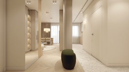 Wnętrze przedpokoju w stylu japandi z minimalistycznym designem, jasnymi kolorami i drewnem.