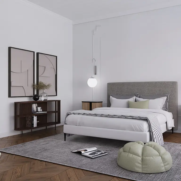 Sypialnia w stylu minimalistycznym z nowoczesnym łóżkiem i szarym dywanem, elementy vintage.