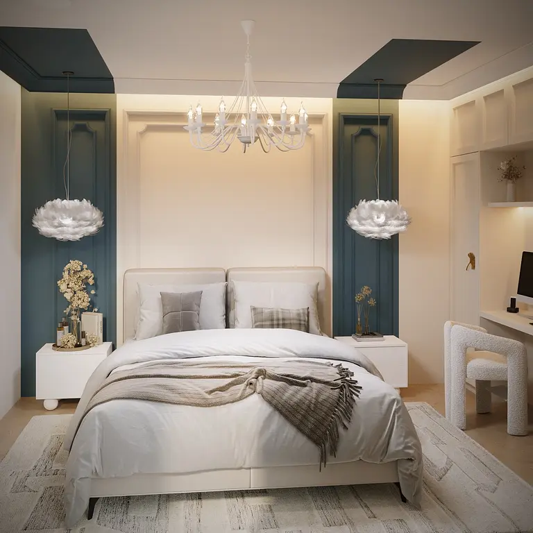 Sypialnia w stylu boho, eklektycznym i glamour z białym łóżkiem i niebieskimi detalami.
