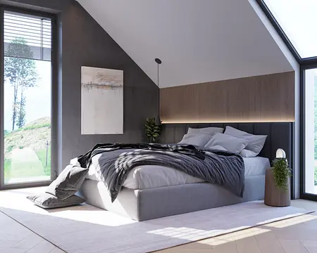 Sypialnia w minimalistycznym stylu z szarym łóżkiem, drewnianymi detalami i dużymi oknami.